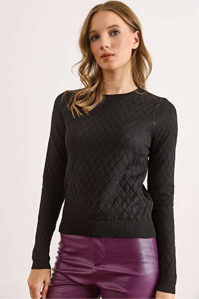 Olalook Women's Black Diamond Patterned Seasonal Knitwear Blouse Blz-19002885