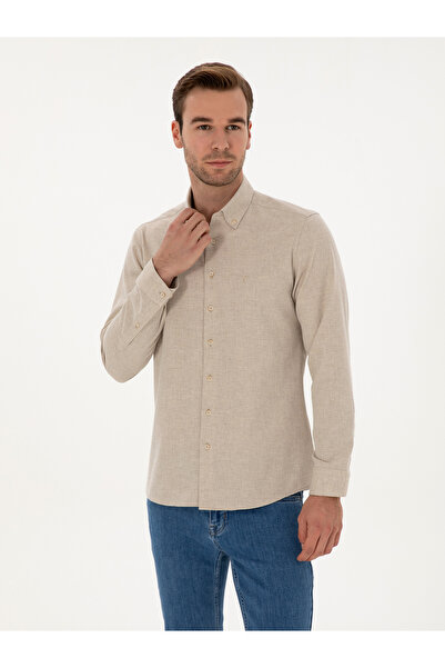 Cacharel Bej Slim Fit Pamuk Karışımlı Yakası Düğmeli Flanel Gömlek 50318243-VR011