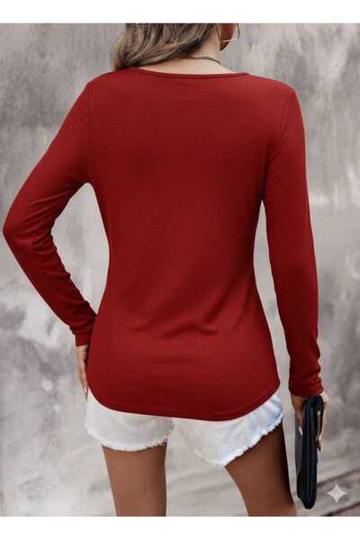 Kokosh moda Kadın V Yaka Uzun Kollu Leopar Detaylı Kaşkorse Kumaş Bluz