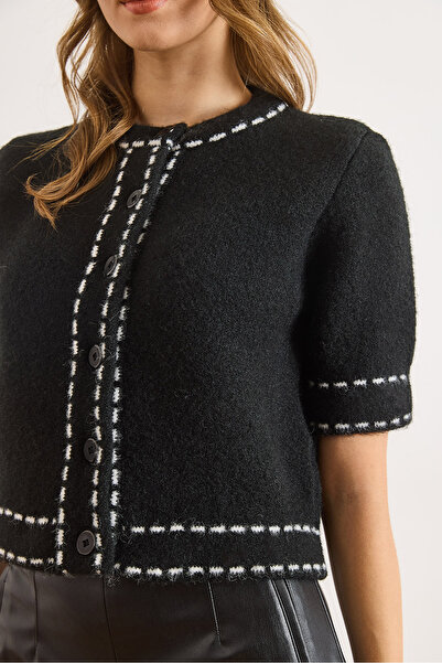 Olalook Women's Black Stripe Detailed Soft Textured Crop Beard Cardigan Hrk-19000418