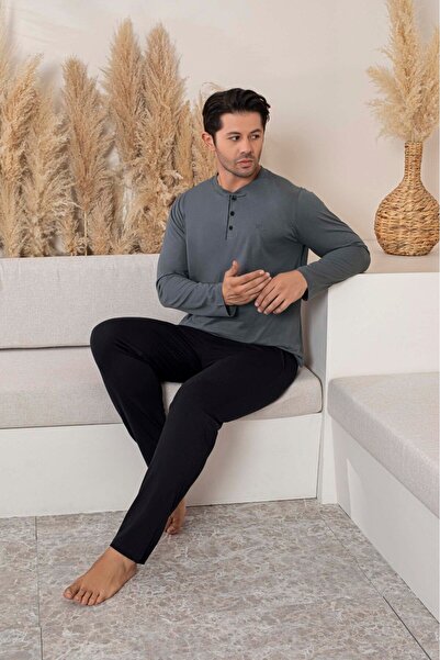 GUAVA+ Men's Gray 3 Button 100% Cotton Transitional Long Sleeve Pajama Set with Pockets