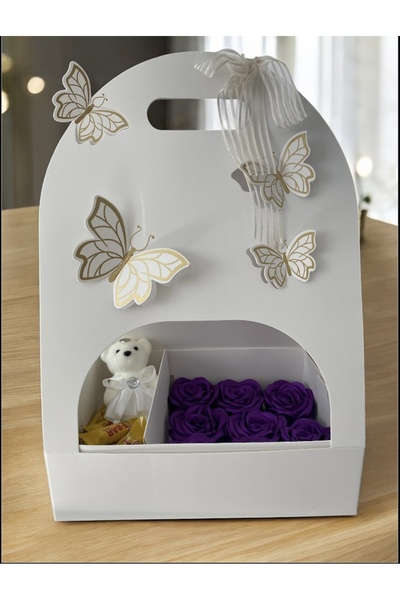 Baalaa Kelebek Tasarımlı Hediye Kutusu-Kurdeleden Gül, Peluş Ayıcık ve Çikola...
