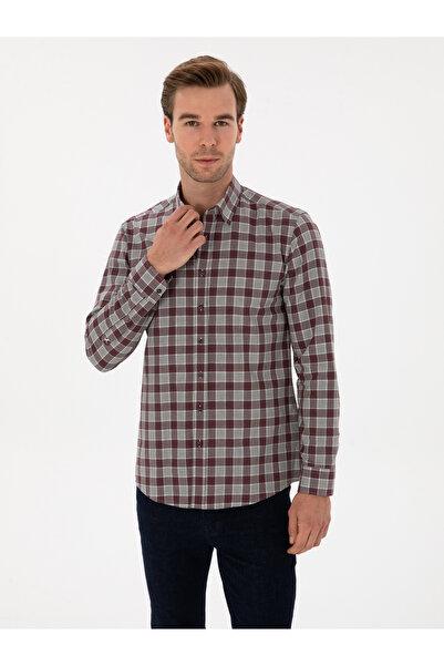 Cacharel Bordo Slim Fit %100 Pamuk Kareli Gömlek 50311627-VR014