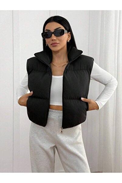 MONAMORE Women's Black Padded Crop Puffer Vest