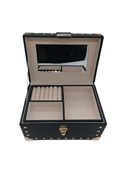 velve Chest-shaped accessory and jewelry box with mirror, made of genuine leather, black, Black