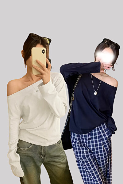 Tarz Cool White Navy Blue 2 Pack Women's Off-Shoulder Boat Neck Oversize Long Sleeve T-Shirt