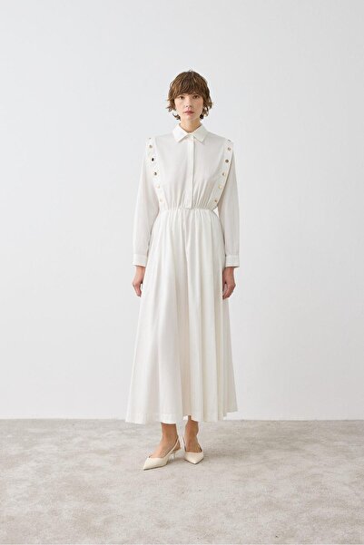 TERZİ DÜKKANI TESS DÜĞME DETAYLI KOTON ELBİSE BEYAZ