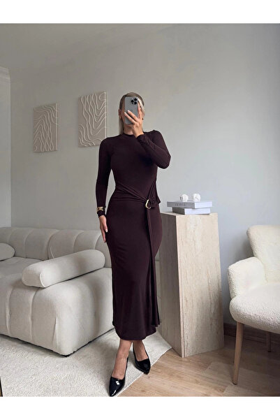 Zora Butik Kuşaklı Toka Detay Elbise - KAHVE