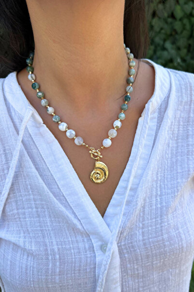 Suerte Accessories Indian Agate and Moss Agate Natural Stone Handmade Special Design with Steel Pendant Women's Natural Stone Necklace