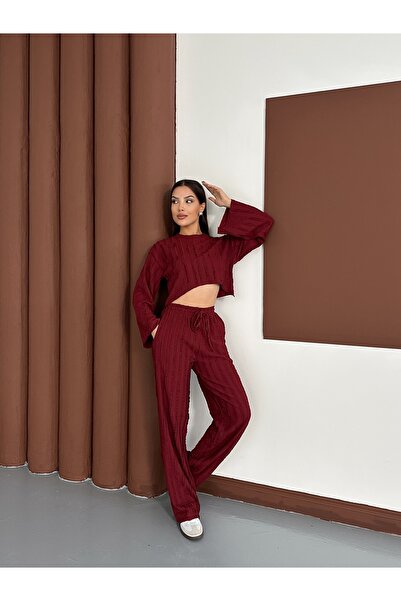 LE CARAMBOLE Women's Burgundy Spanish Sleeve Ruffle Fabric Bottom Top Set