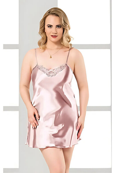 Bleu Petite Cămașă de noapte scurtă din satin, mărime mare, cu bretele subțiri