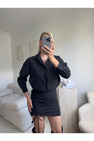 Zora Butik Eteği Büzgülü Gömlek Elbise - SİYAH