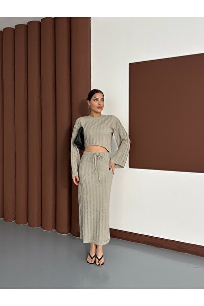 LE CARAMBOLE Women's Khaki Spanish Sleeve Ruffle Fabric Skirt Suit