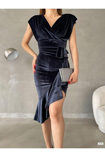 Modafeminen Kadife Esnek Kumaş Ön Volan Detaylı Abiye Elbise 582681 FÜME