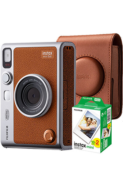 Fujifilm Instax mini Evo camera, brown, with case and film 2 x 10