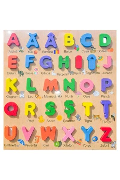 Toy Toy Toy Puzzle educativ din lemn cu alfabet – litere mari, ilustrații și cuvinte românești, 30 c