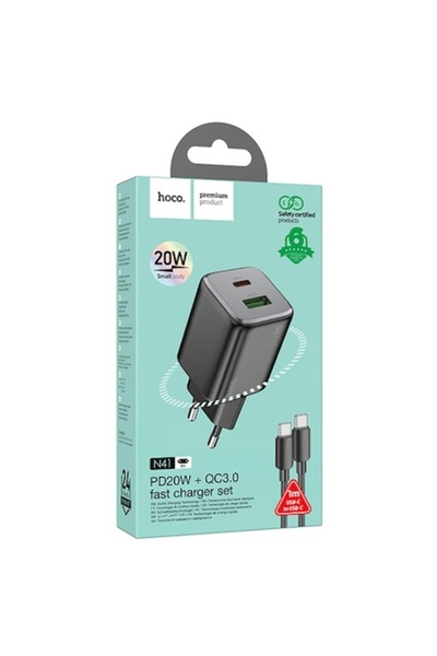 Hoco Incarcator Retea (N41) + Cablu USB-C, 20W, 1xUSB-C, 1xUSB-A, PD, QC 3.0,...