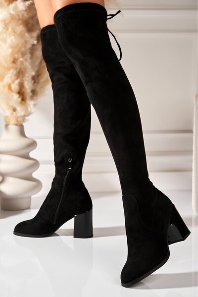 Joana Evelena Black Faux Suede Winter Boots, 8CM Heel