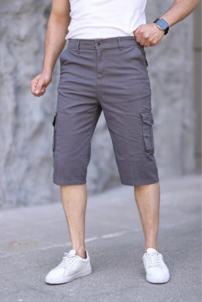 Genel Markalar Erkek Gri Slim Fit Kapri Likralı Gabardin Diz Altı Yandan Cepli Bermuda