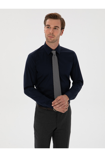 Cacharel Navy Blue Slim Fit Cotton Blend Shirt 50314589-Vr033