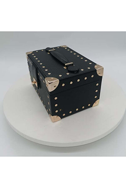velve Chest-shaped accessory and jewelry box with mirror, made of genuine leather, black, Black