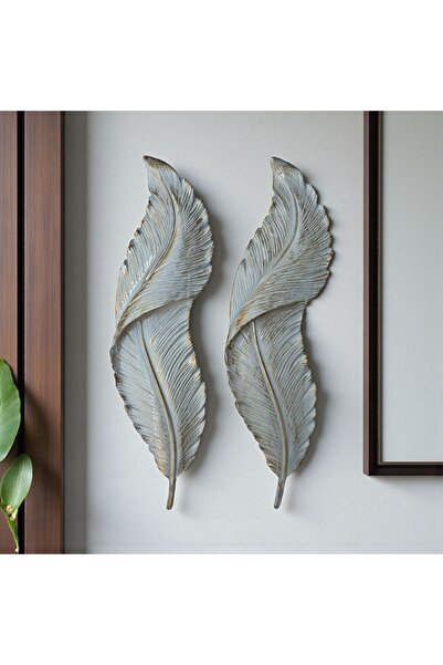 Peramari Dekoratif Polyester İkili Duvara Asmalı Dik Yaprak Set Krem Eskitme