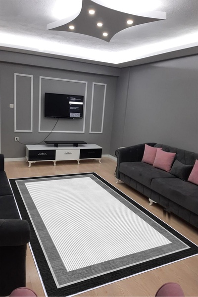 CENTER AVM Siyah Gri Halı Salon Halısı Makinede Yıkanabilir Halı Kaymaz Taban...