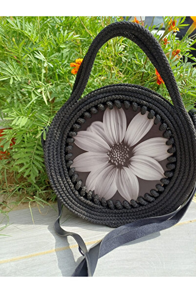 DuyumCollection El Yapımı Siyah Halat Örgü Yuvarlak Çanta, Siyah-Beyaz Çiçek ...