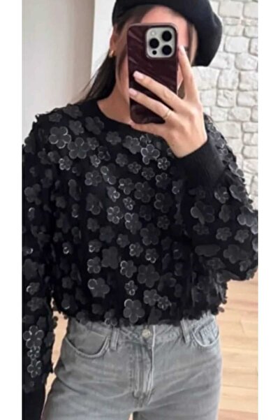 NÜANS MODA Clover Patterned Three-Dimensional Knit Sweater