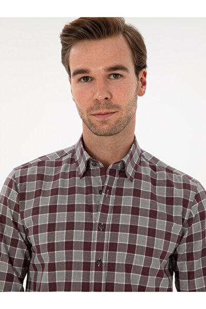 Cacharel Bordo Slim Fit %100 Pamuk Kareli Gömlek 50311627-VR014