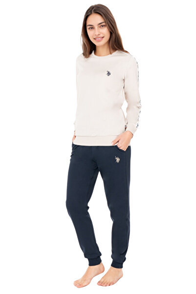 U.S. Polo Assn. Women's Beige Color Long Sleeve Pajama Set – Navy Blue Bottom Cotton Comfortable Home & Sleep Set