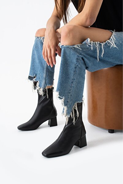 misio shoes TARZ Krem Streç Arkadan Fermuarlı Kadın Topuklu Bot