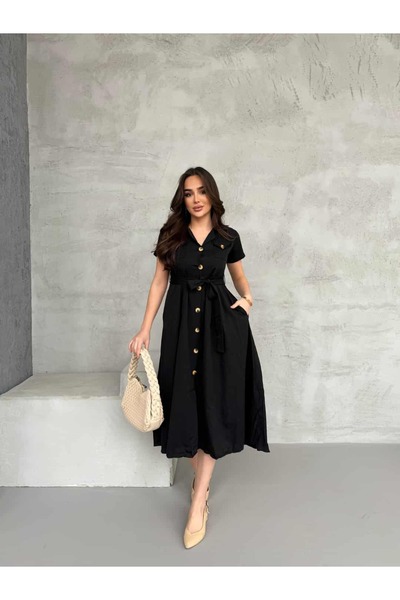 Miasista Kısa Kol Keten Düğmeli Elbise