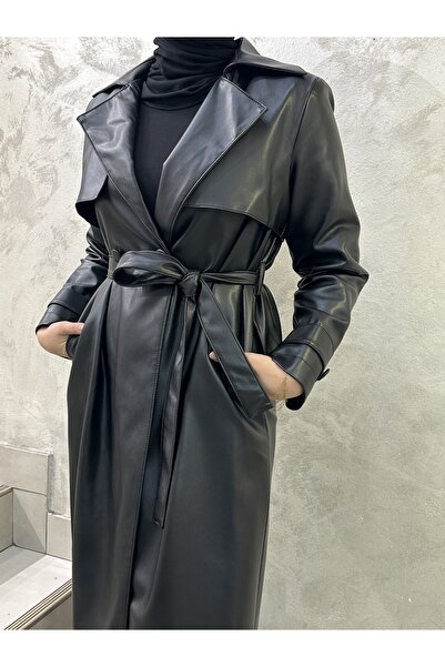 Aframia Long Leather Trench Coat Black