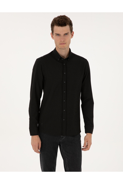 Pierre Cardin Siyah Çizgi Baskılı Slim Fit Uzun Kollu Gömlek 50311110-VR046