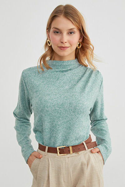 Fulla Moda High Neck Knit Blouse with Draped Sides