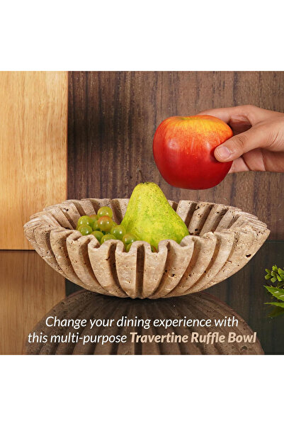 Radicaln Marble Decorative Bowl 10" | Handmade Travertine Fruit Bowl | Ruffle Scalloped Home & Table Decor