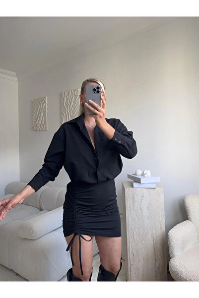 Zora Butik Eteği Büzgülü Gömlek Elbise - SİYAH