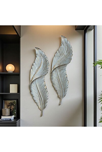 Peramari Dekoratif Polyester İkili Duvara Asmalı Dik Yaprak Set Krem Eskitme