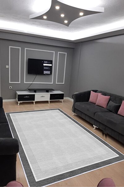 CENTER AVM Gri Halı Salon Halısı Makinede Yıkanabilir Halı Kaymaz Taban Halı