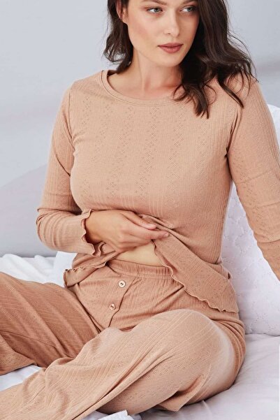 FREEWİSE Saf %100 Pamuk Uzun Kol Kadın Pijama Takımı