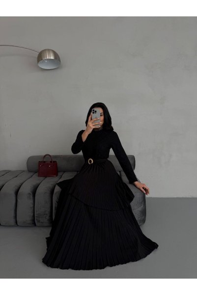 suphias Crepe Fabric Lace Detailed Belted Dress (Lined)