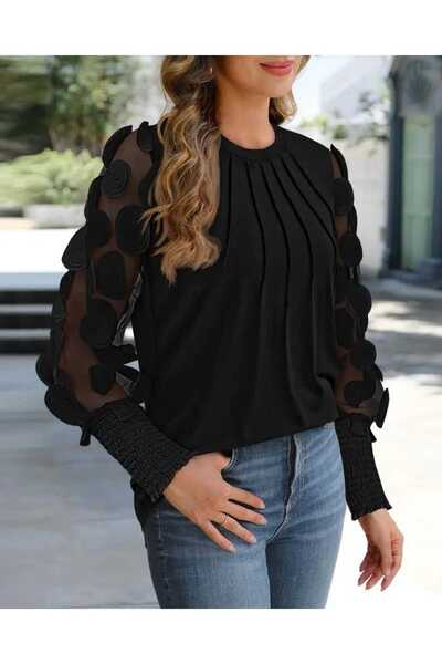 moda wanilia Дамска блуза с цилиндрични ръкави, тюл и релефни ребра