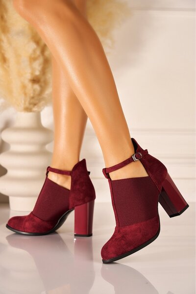 Joana Cizme cu toc Alyea2 pentru femei, din piele întoarsă, de culoare bordeaux, la modă