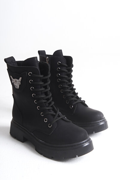 Shu Mhu Kadın Nubuk Kapsüllü Bağcıklı Fermuarlı 4 Cm Topuklu Motorcu Postal Bot