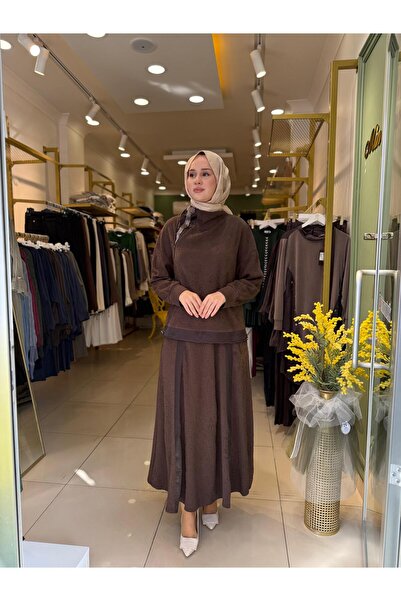 5939 Yaka Boncuk İşlemeli Etekli Takım Kahverengi