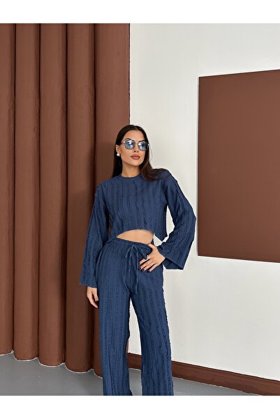 MODAMERSİ Women's Indigo Spanish Sleeve Ruffle Fabric Bottom Top Set