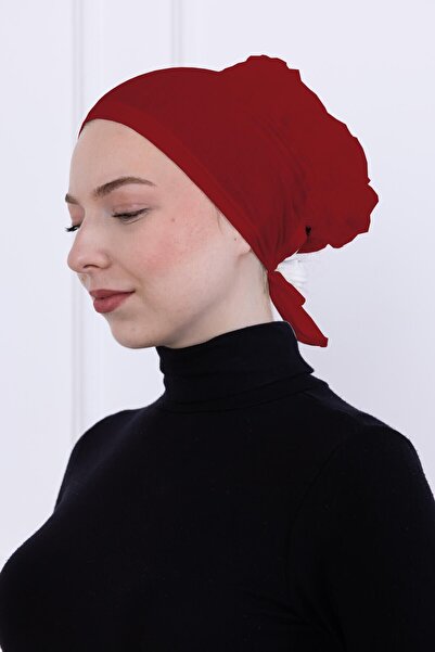 Loggia Ruffled Front Stitched Combed Cotton Bonnet - Women's Hijab Tie-On Bun Inner Bonnet - Burgundy
