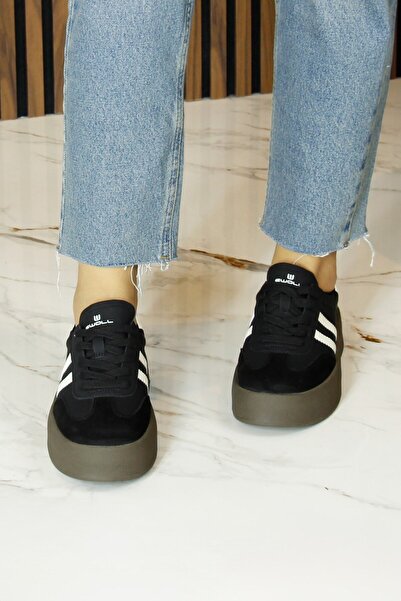 Erkan Saçmacı Black Vegan Suede Round Toe Lace-Up Flatform Sole Casual Sneaker Sports Shoes