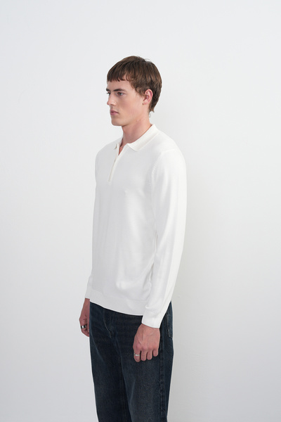 SILVANO Men's Half Zipper Long Sleeve White Polo Neck T-Shirt